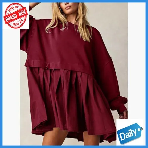 Oversized Sweatshirt Dress Crew Neck Long Sleeve Patchwork Pullover Mini Dress - Picture 3 of 7
